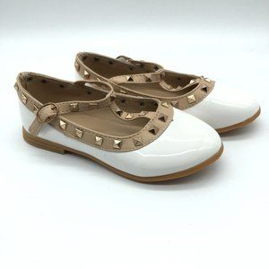 NuoNuo Girls T Strap Flats Faux Leather Studded Buckle White Beige 31 US 12